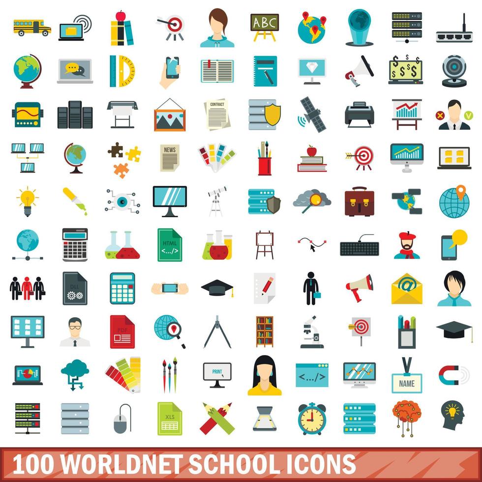 100 worldnet school icons set, flat style vector