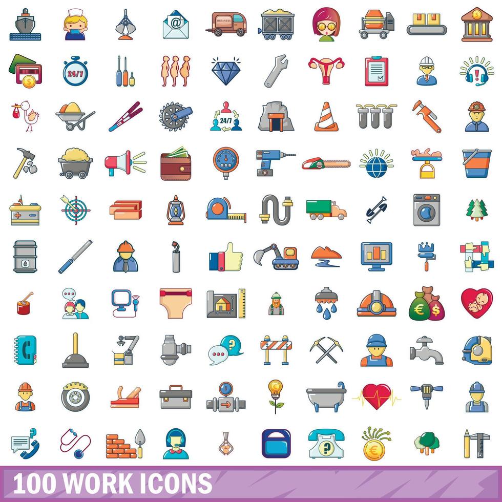 100 work icons set, cartoon style vector