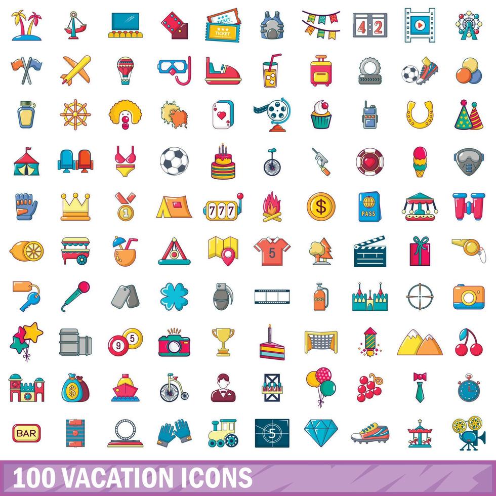 100 iconos de vacaciones, estilo de dibujos animados vector