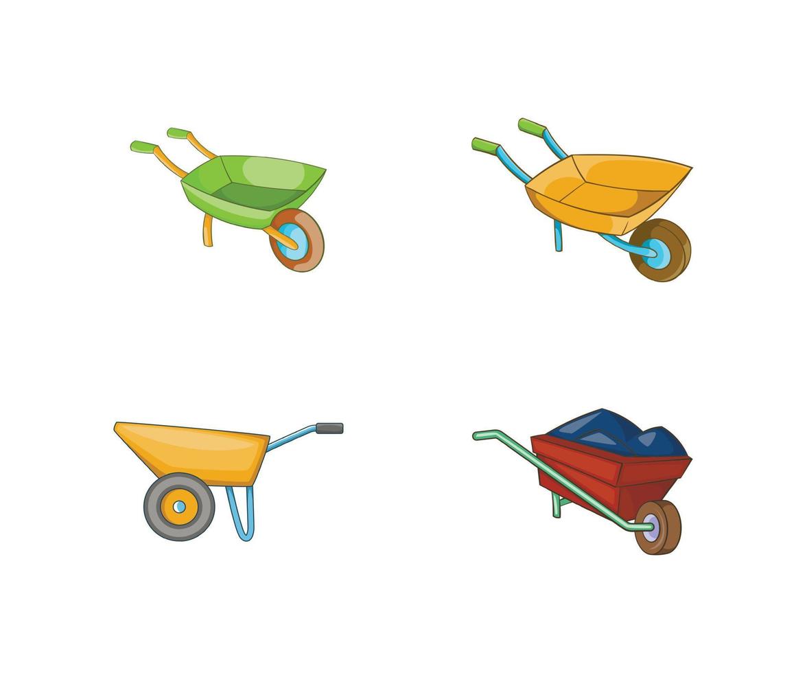 One wheel barrow icon set, cartoon style vector