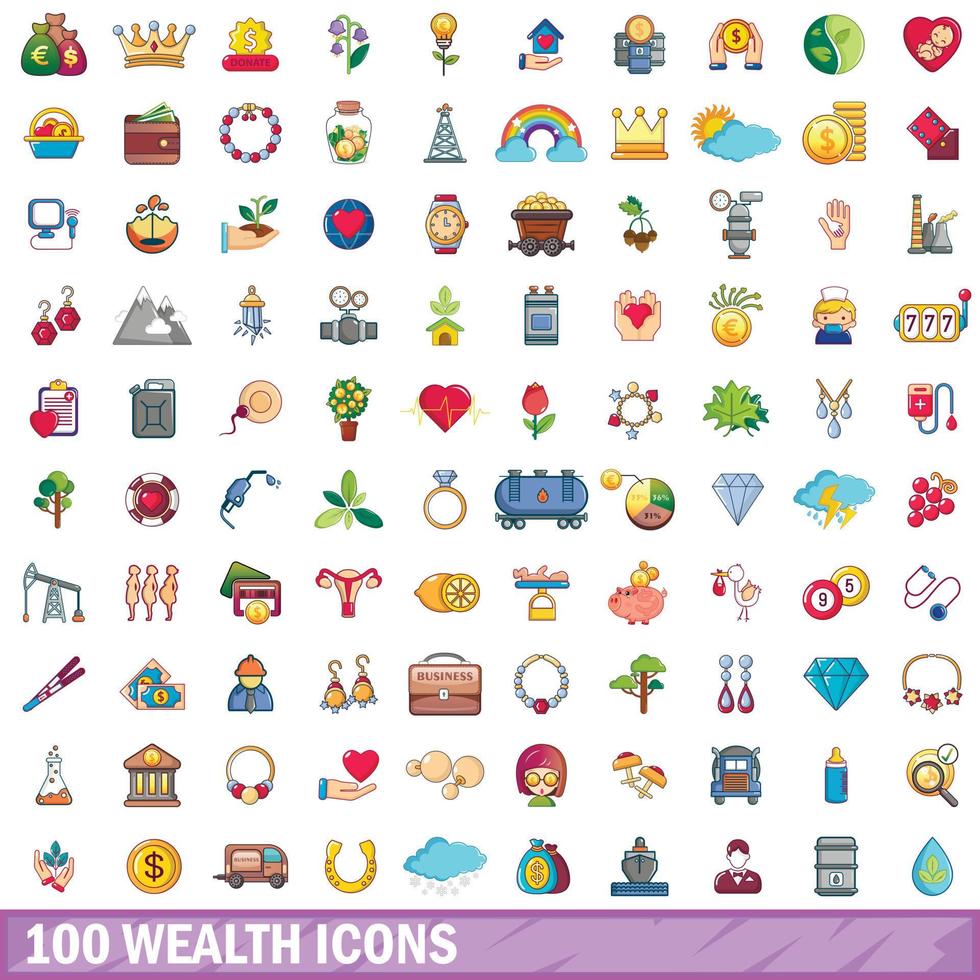 100 wealth icons set, cartoon style vector