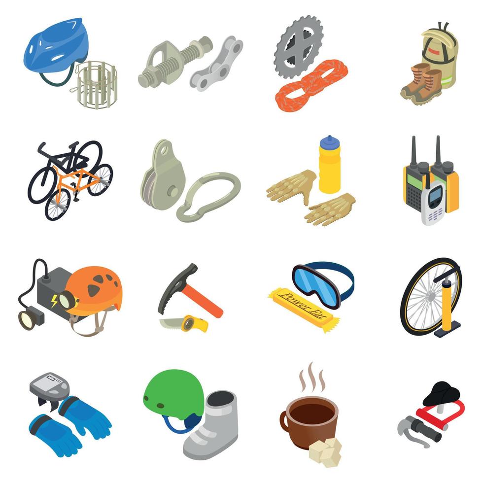 Mountain travel icons set, isometric style vector