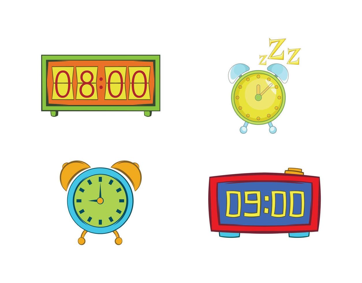 Alarm clock icon set, cartoon style vector