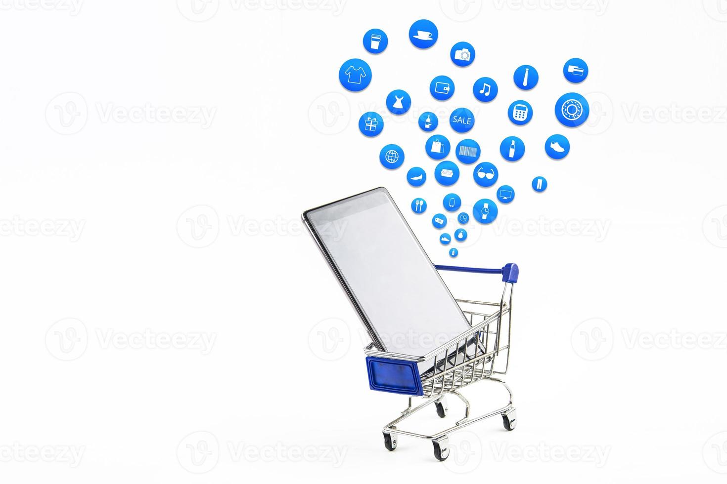 smart phone or tablet on white background with shopping icon set or product icon set, Koncept shopping online photo