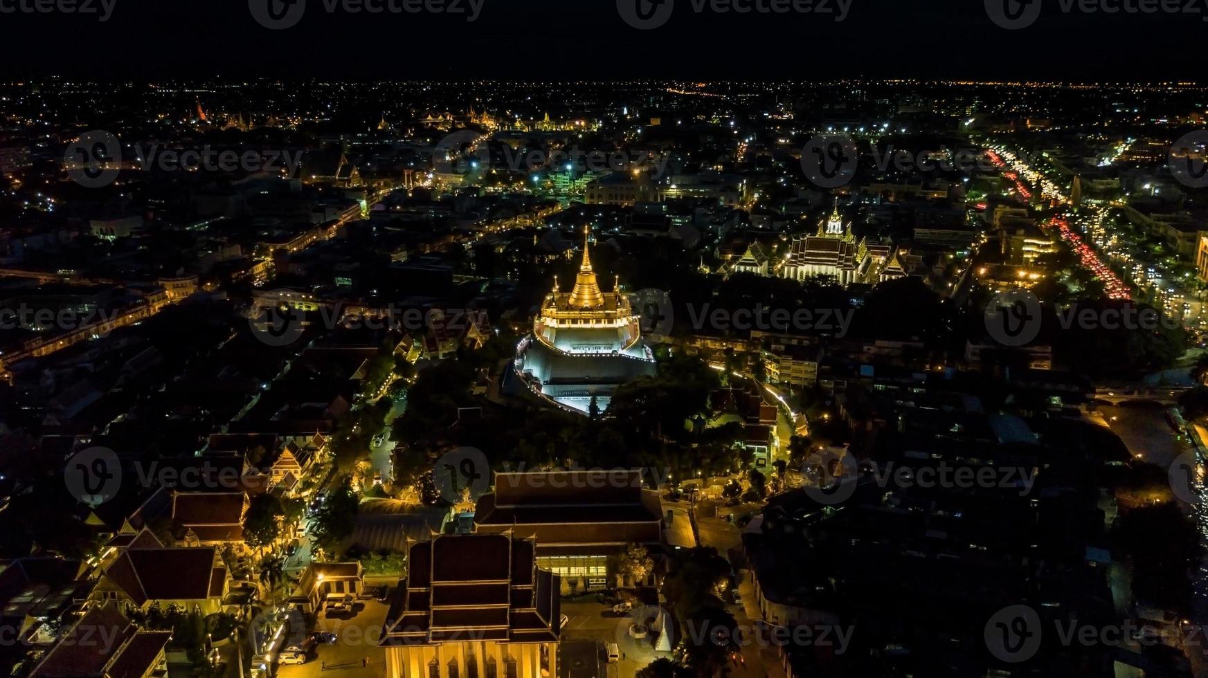 'Golden Mountain '  Wat Saket Ratcha Wora Maha Wihan popular Bangkok tourist attraction , Landmarks of bangkok Thailand .  top view photo