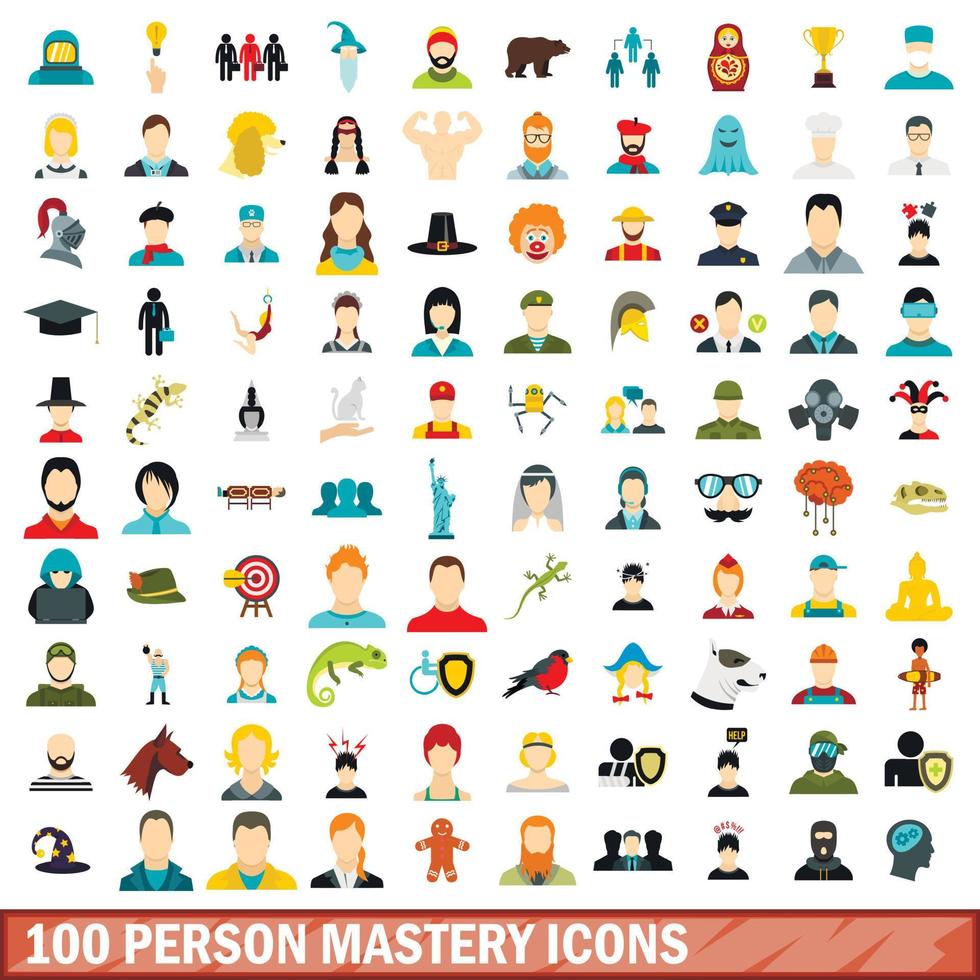 100 person mastery icons set, flat style vector