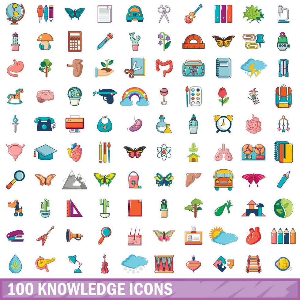 100 knowledge icons set, cartoon style vector