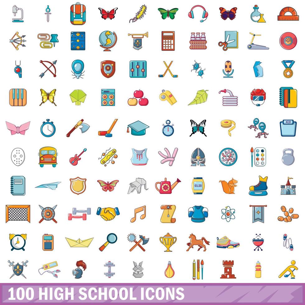 100 high school icons set, cartoon style vector