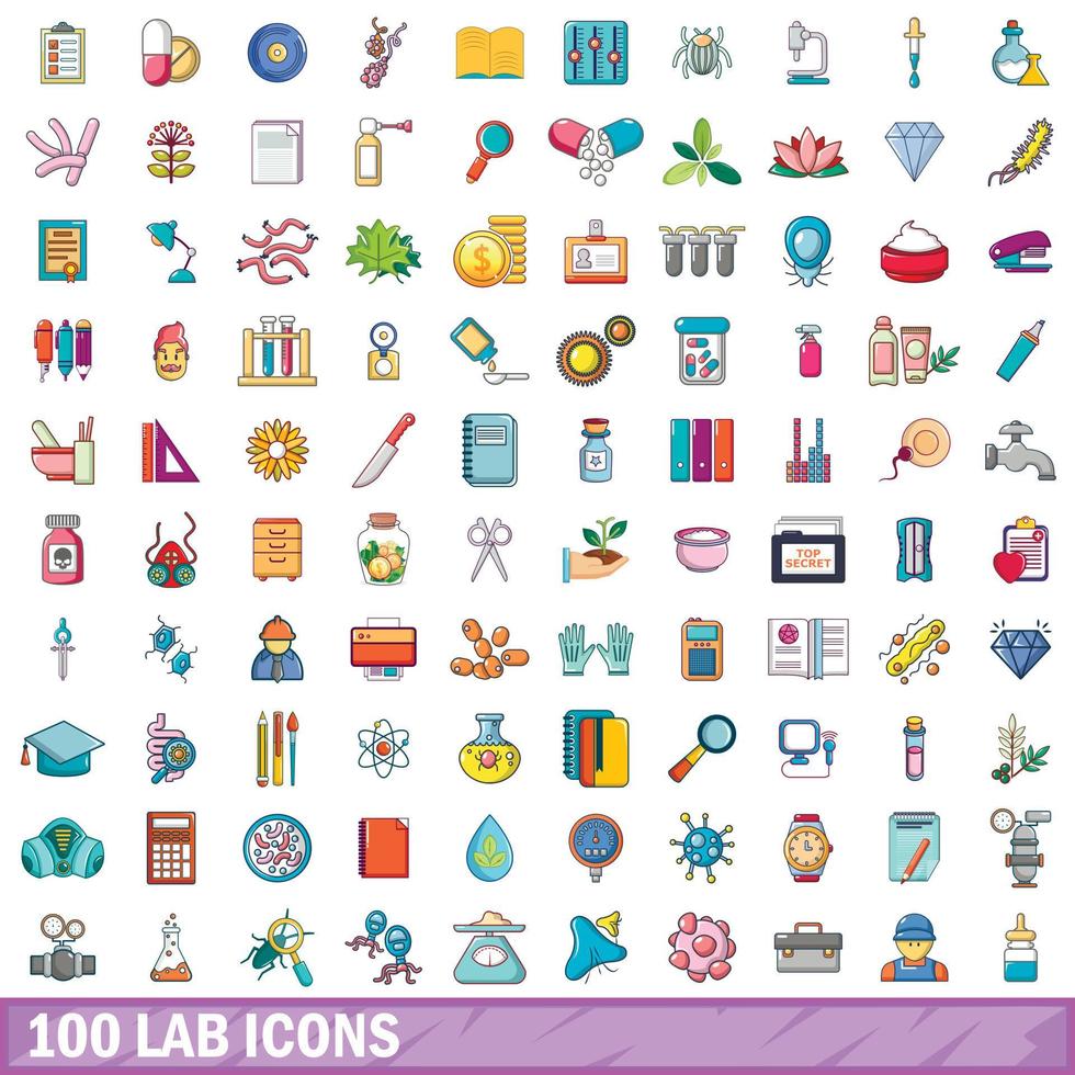 100 iconos de laboratorio, estilo de dibujos animados vector