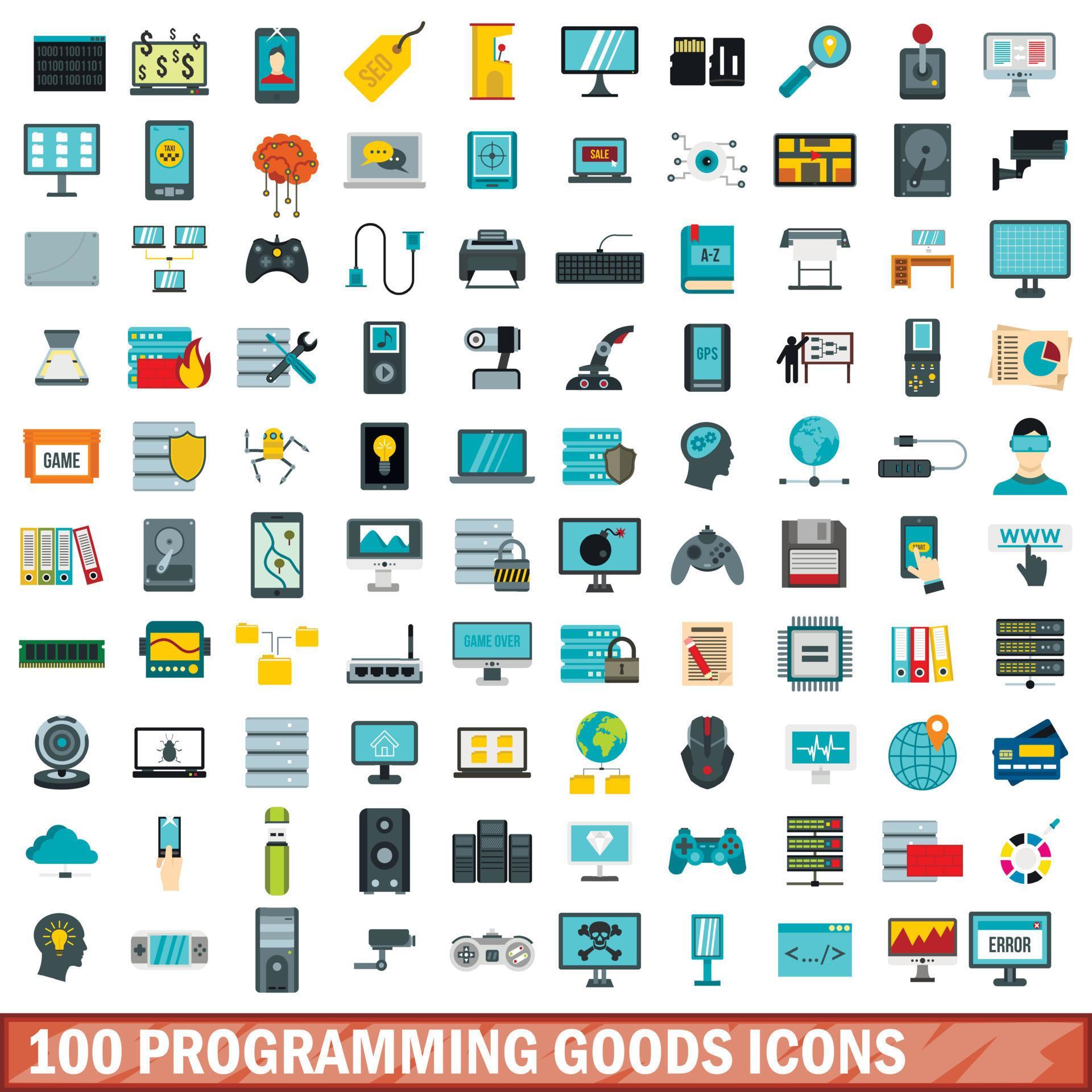 100 programming goods icons set, flat style 8700604 Vector Art at Vecteezy