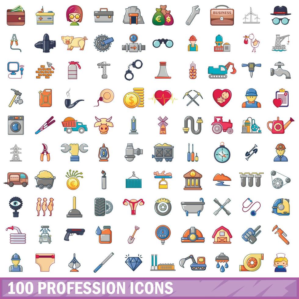 100 profesión, conjunto de iconos de estilo de dibujos animados vector