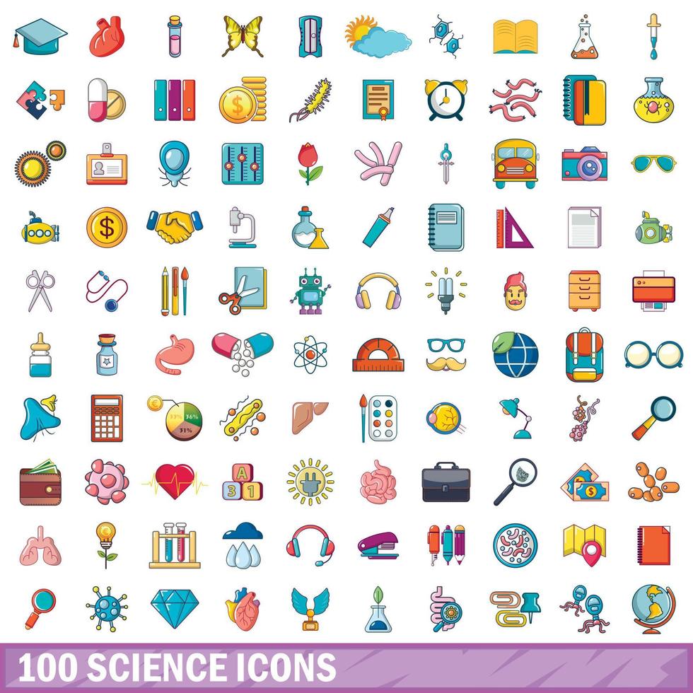 100 science icons set, cartoon style vector