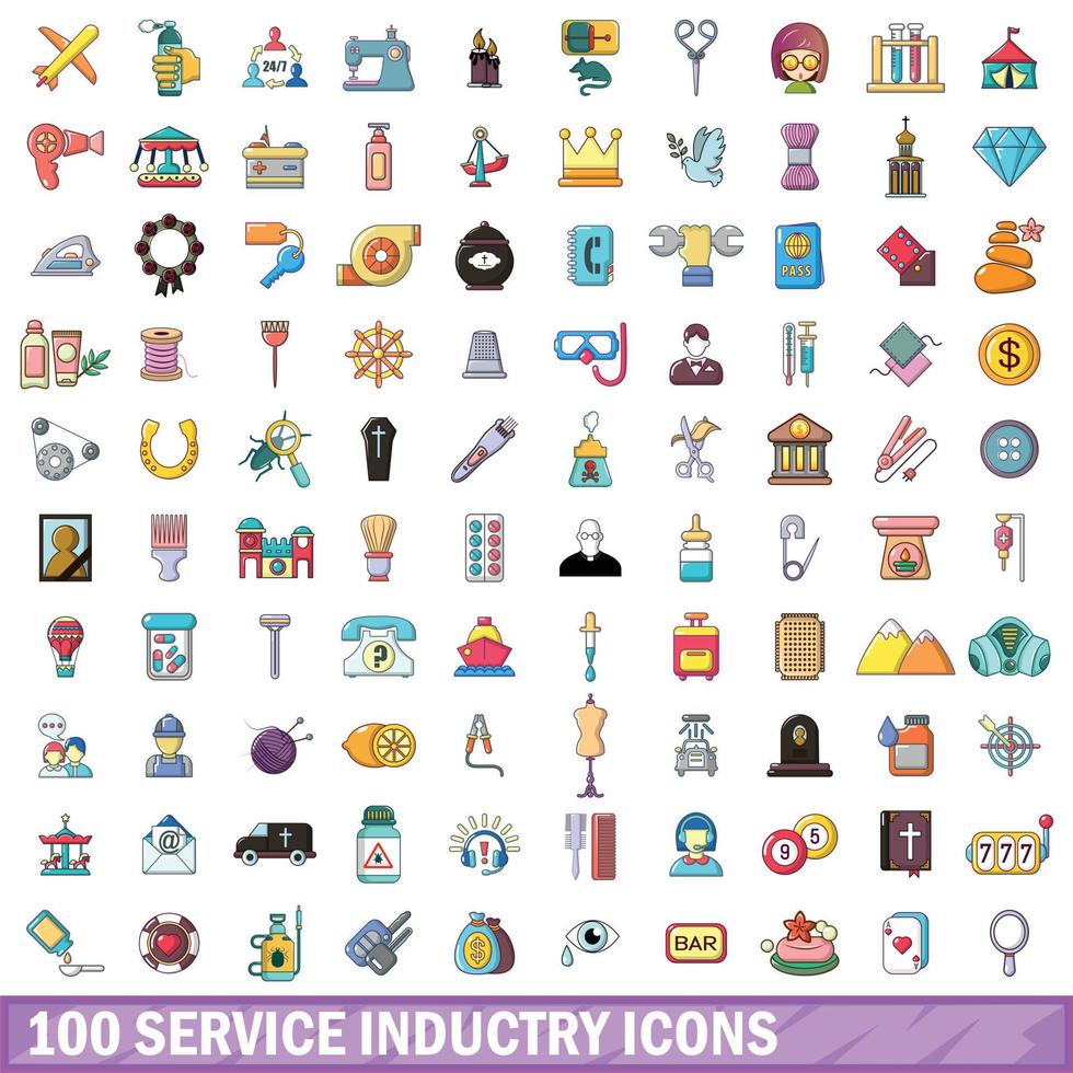 100 service industry icons set, cartoon style vector