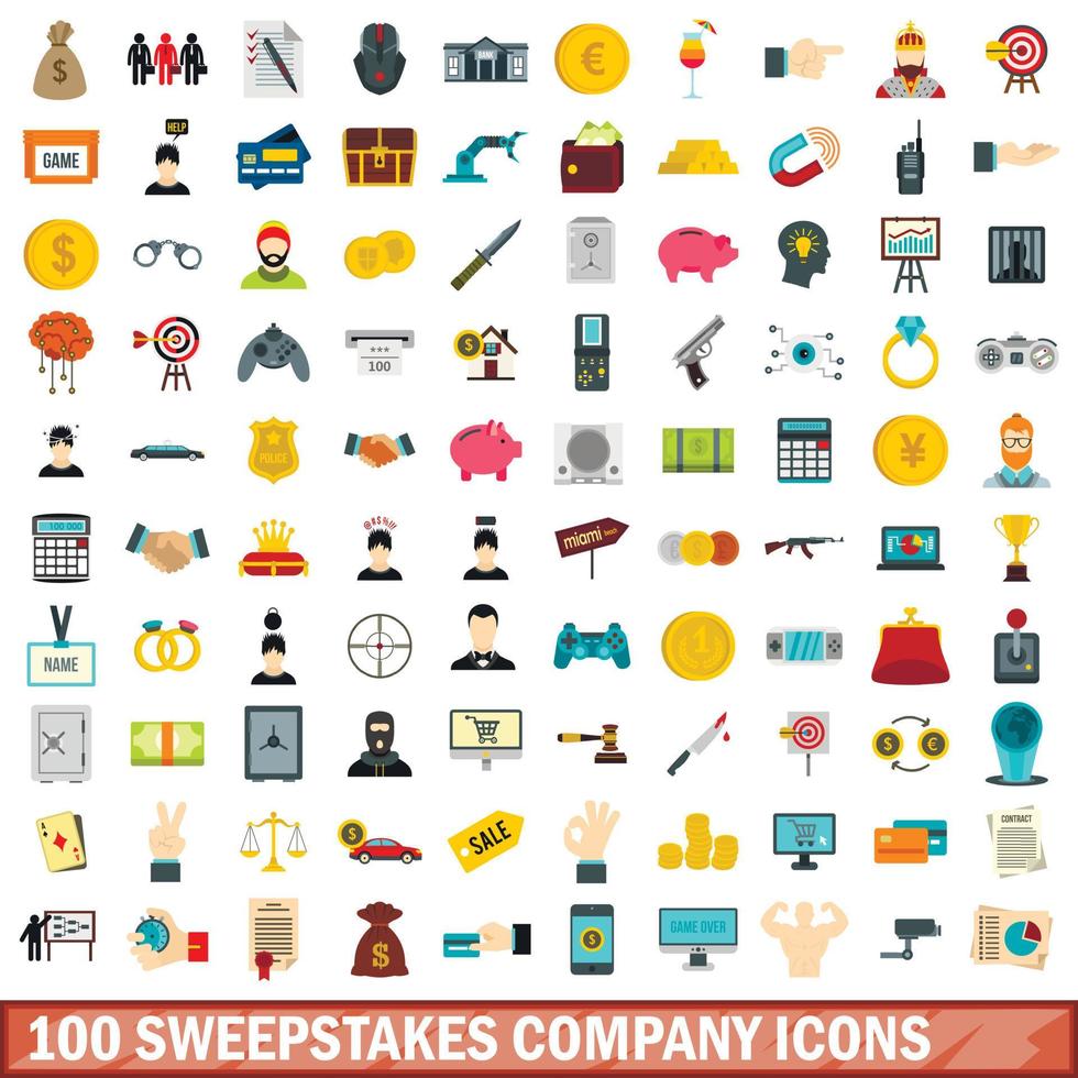 100 sweepstakes company icons set, flat style vector