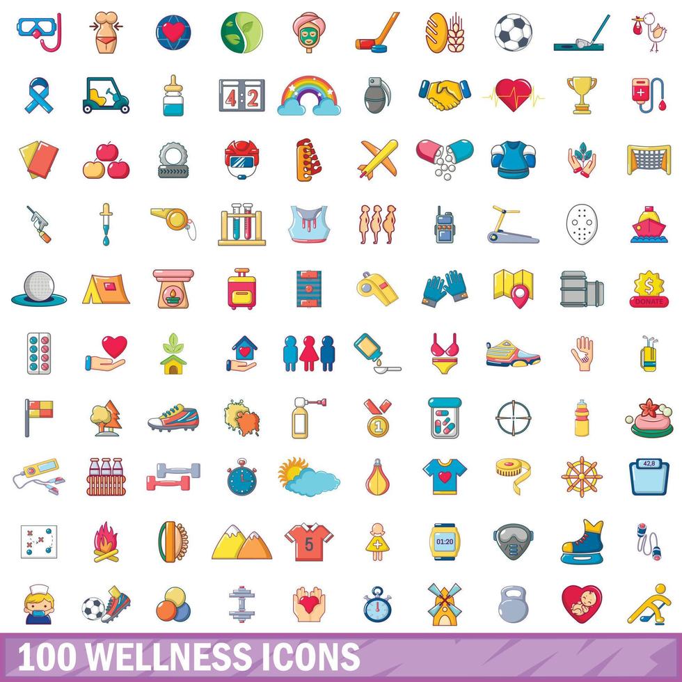 100 iconos de bienestar, estilo de dibujos animados vector