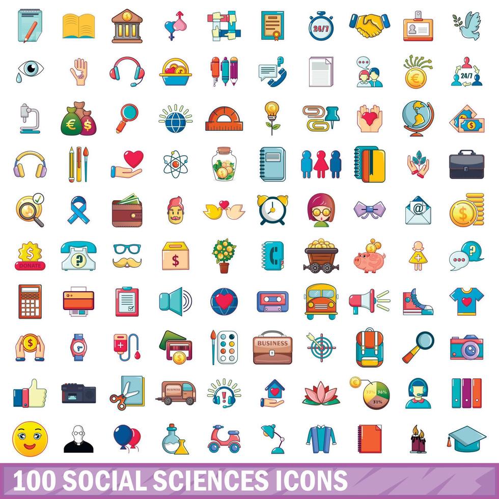 100 iconos de ciencias sociales, estilo de dibujos animados vector