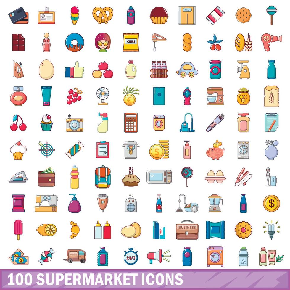 100 iconos de supermercado, estilo de dibujos animados vector