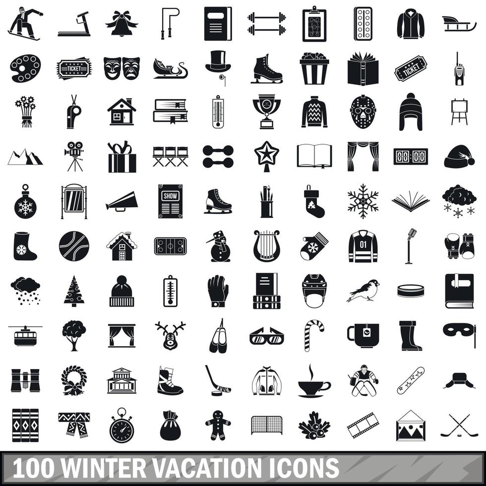 100 winter vacation icons set, simple style vector