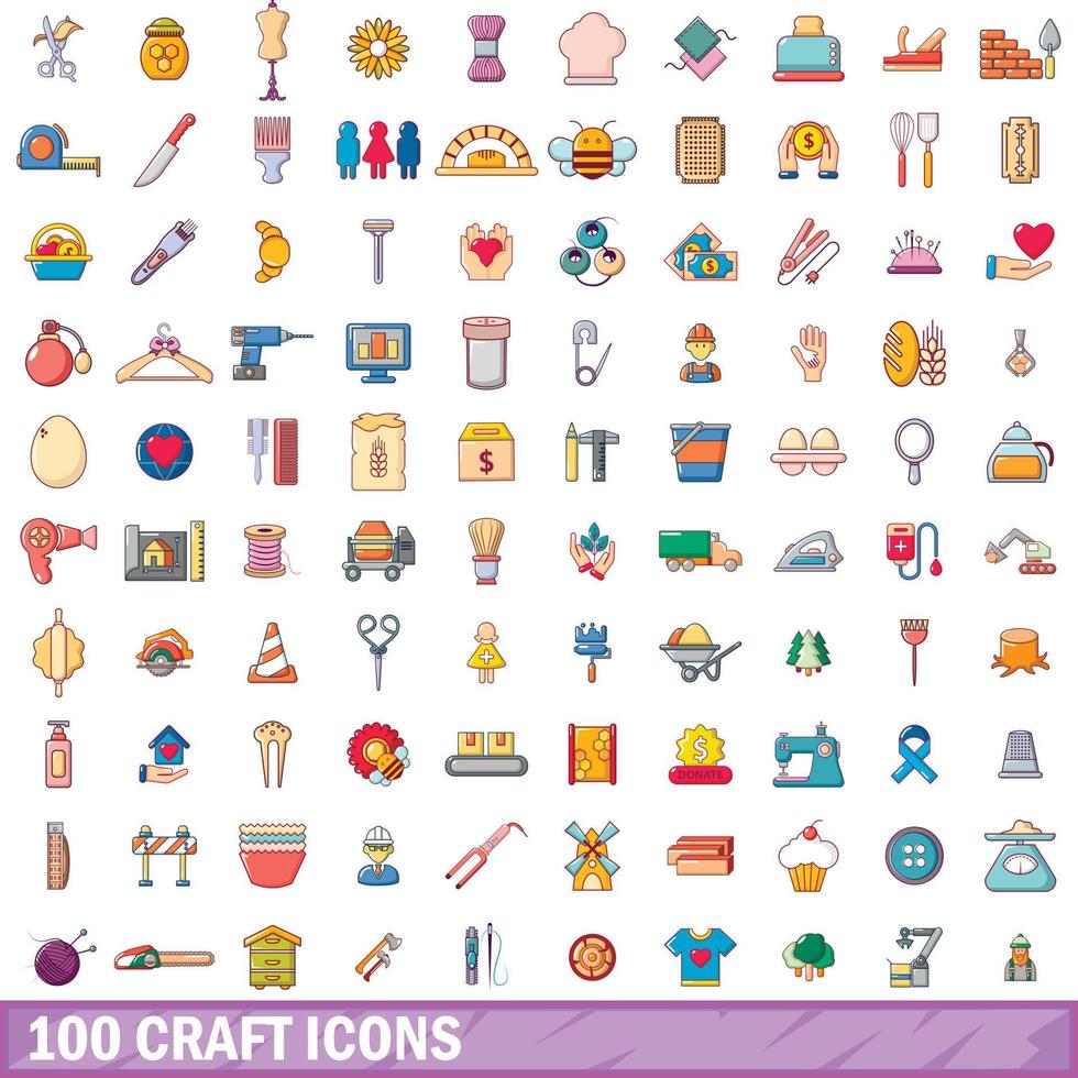 100 craft icons set, cartoon style vector