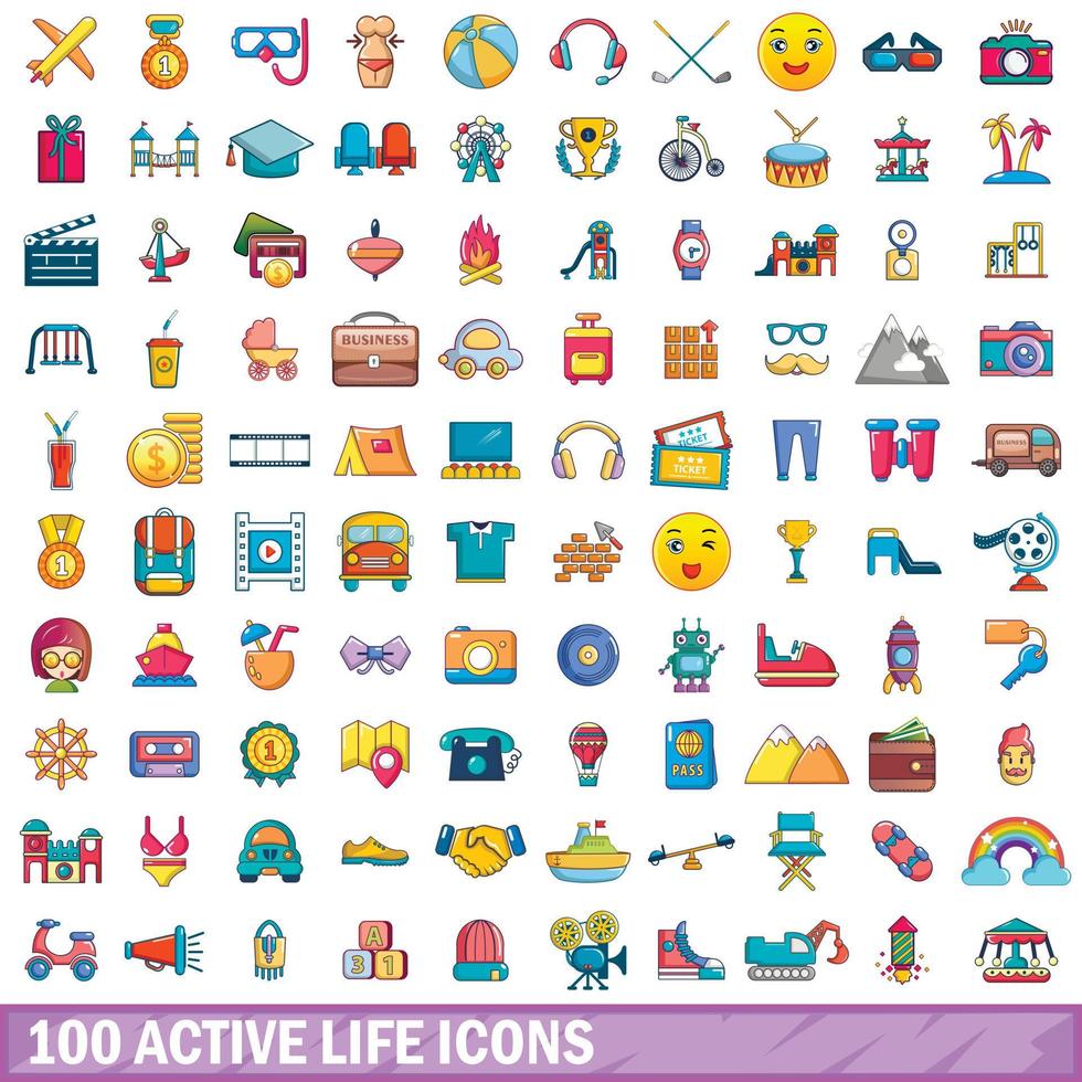 100 active life icons set, cartoon style vector