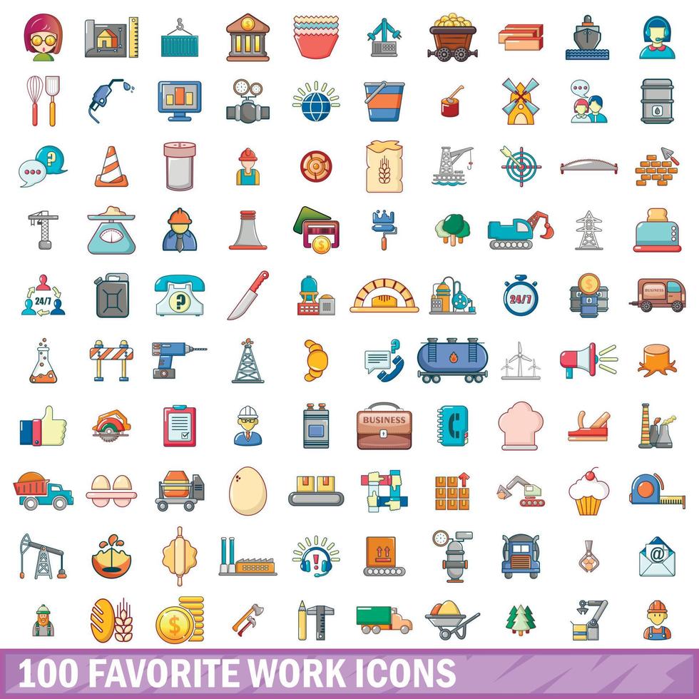 100 favorite work icons set, cartoon style vector