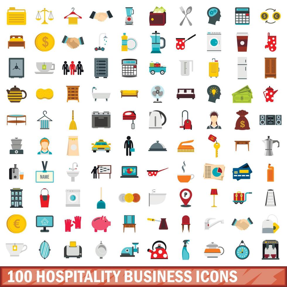 100 hospitality business icons set, flat style vector