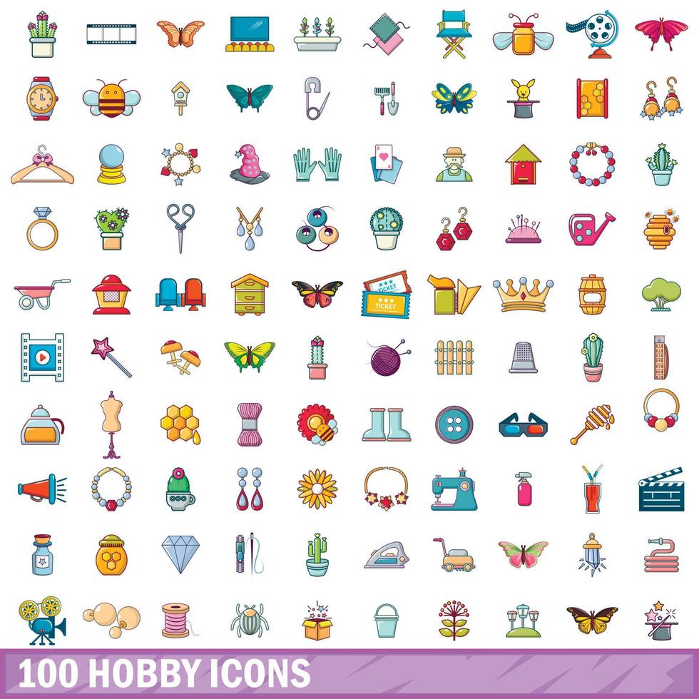 100 iconos de hobby, estilo de dibujos animados vector