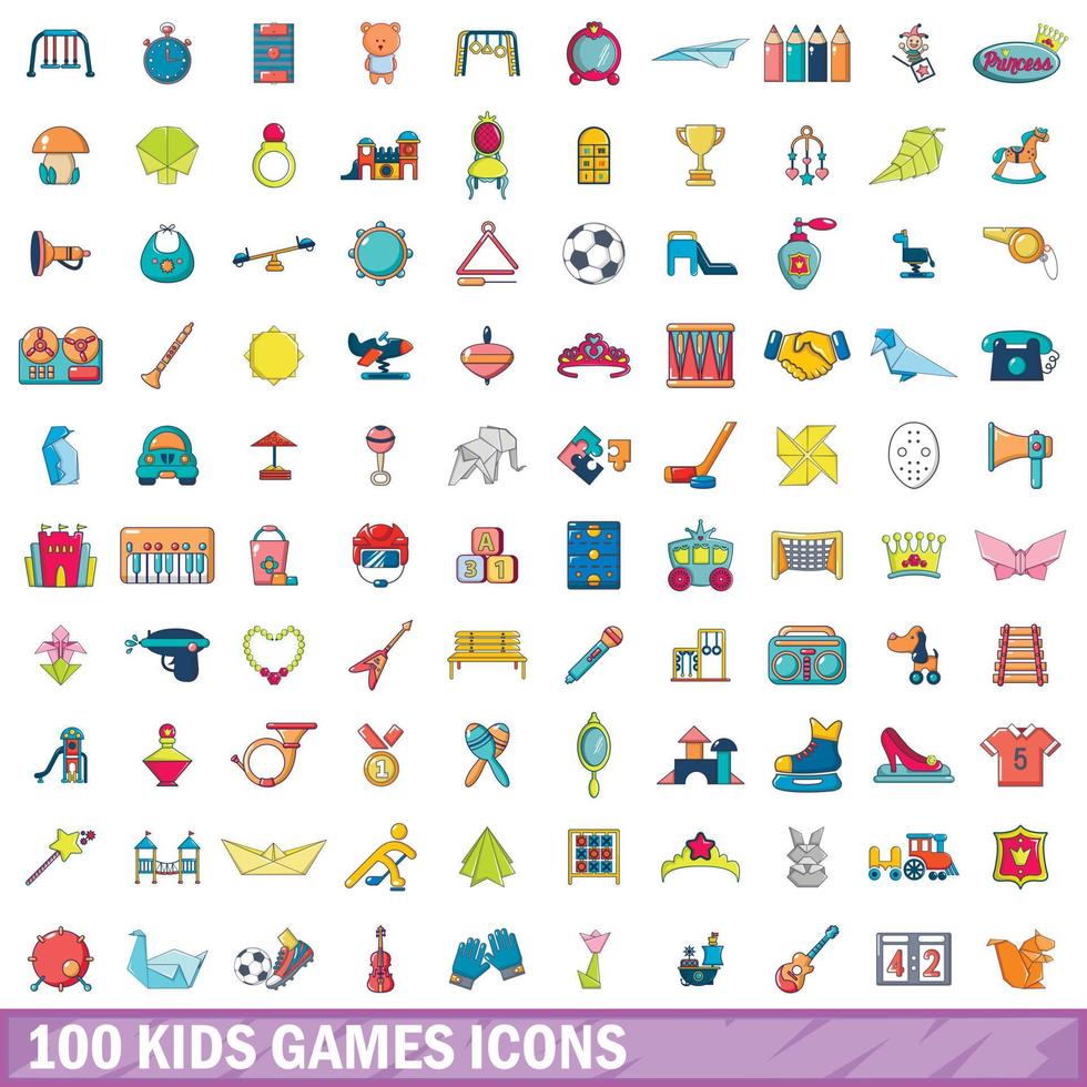 100 kids games icons set, cartoon style vector