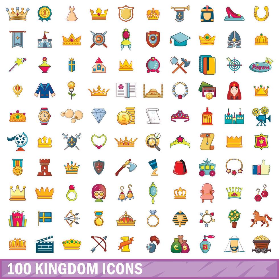 100 kingdom icons set, cartoon style vector