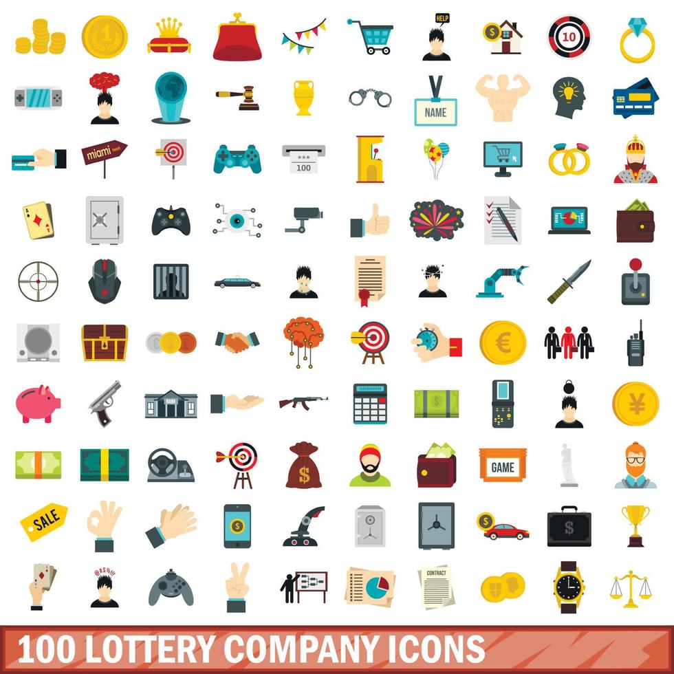 100 lottery company icons set, flat style vector