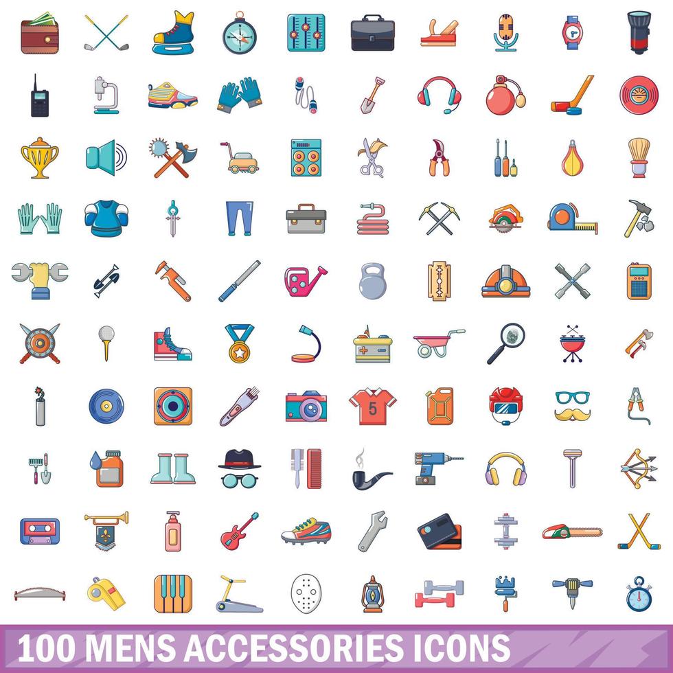 100 mens accessories icons set, cartoon style vector