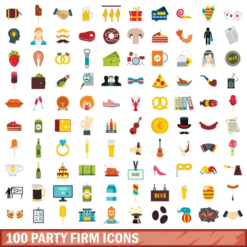 100 party firm icons set, flat style vector