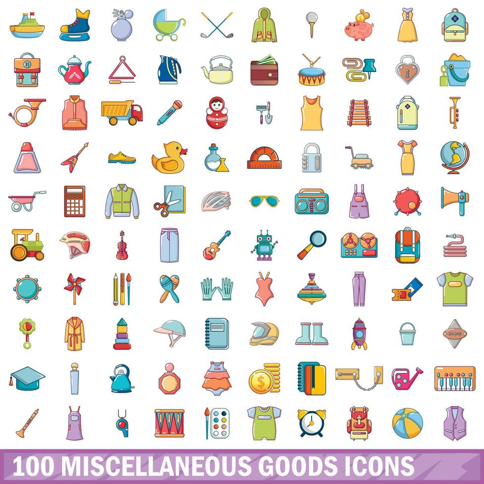 100 bienes misceláneos, conjunto de iconos de estilo de dibujos animados vector