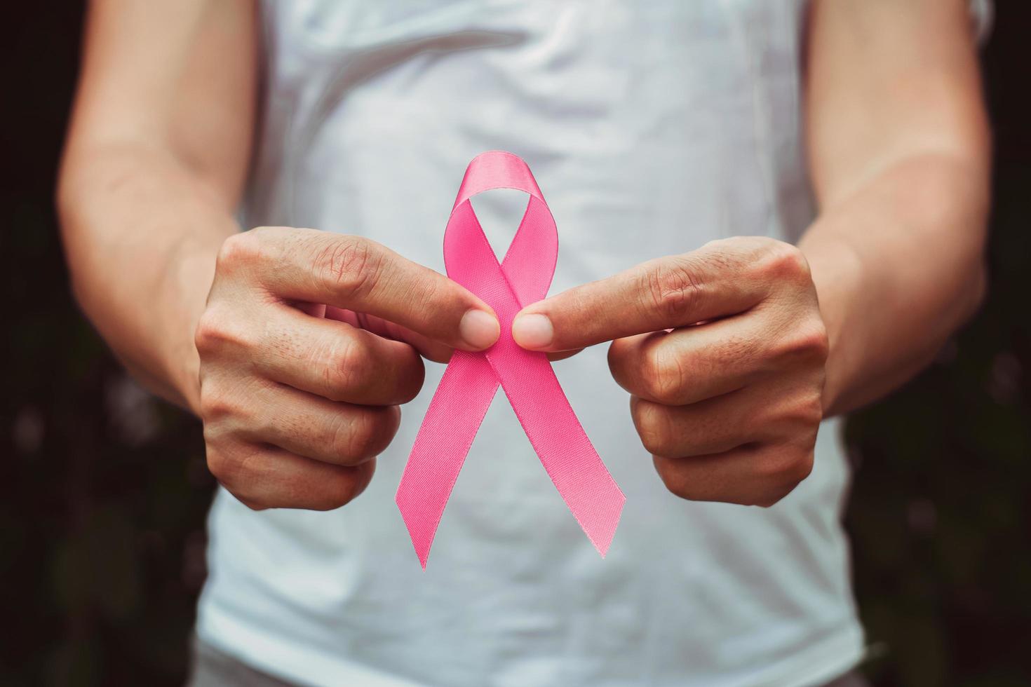 concept healthcare and medicine. hand holding pink ribbon. breast cancer awareness. sign of hope photo