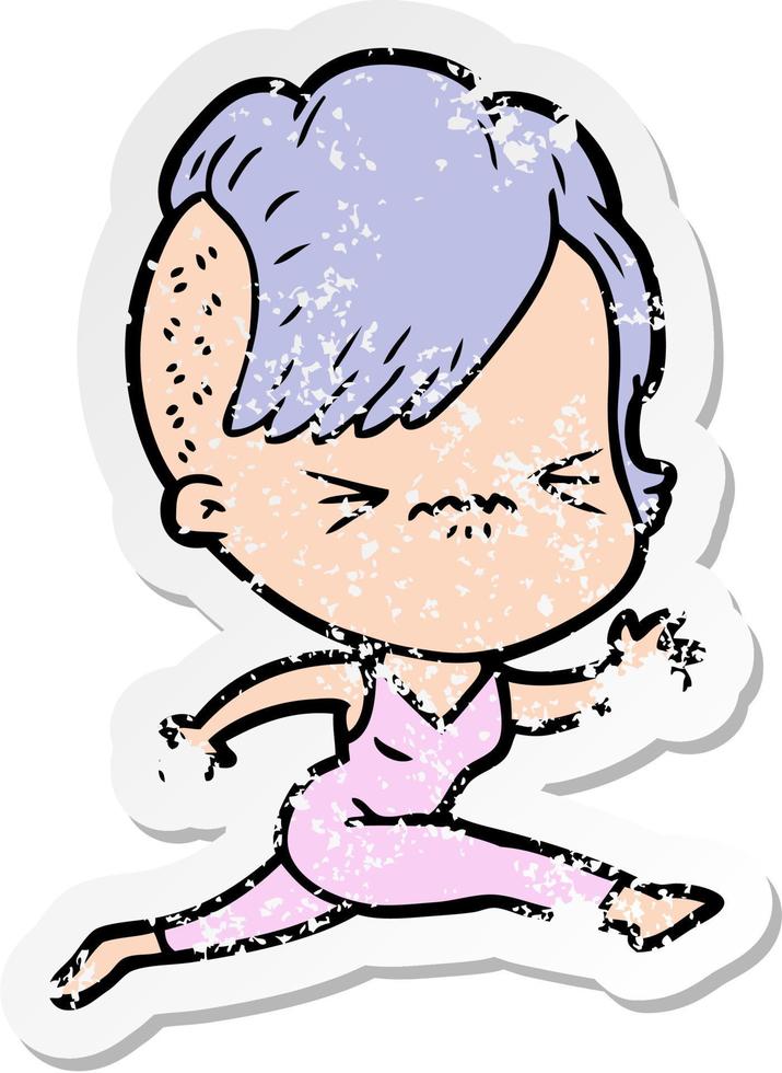 distressed sticker of a cartoon annoyed hipster girl vector