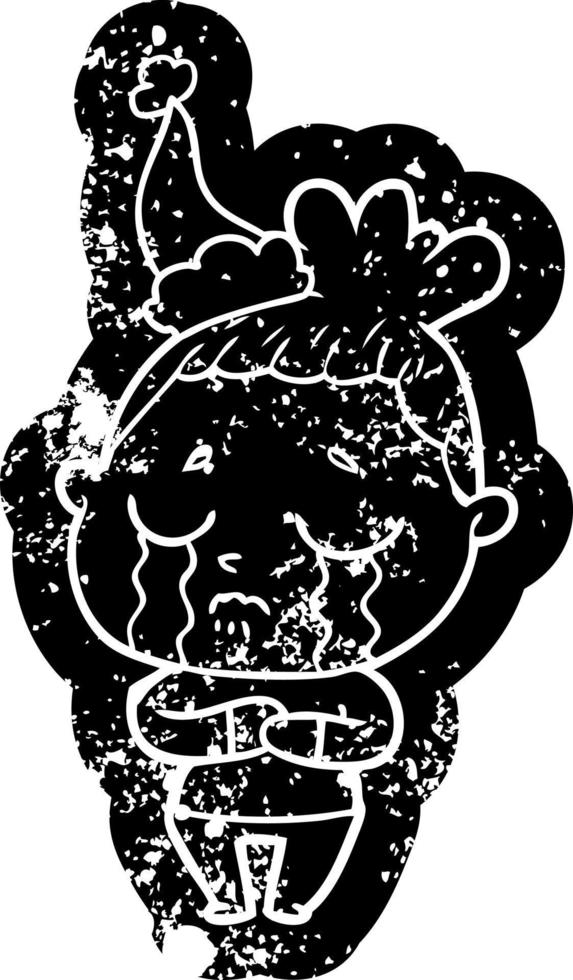 cartoon distressed icon of a crying woman wearing santa hat vector