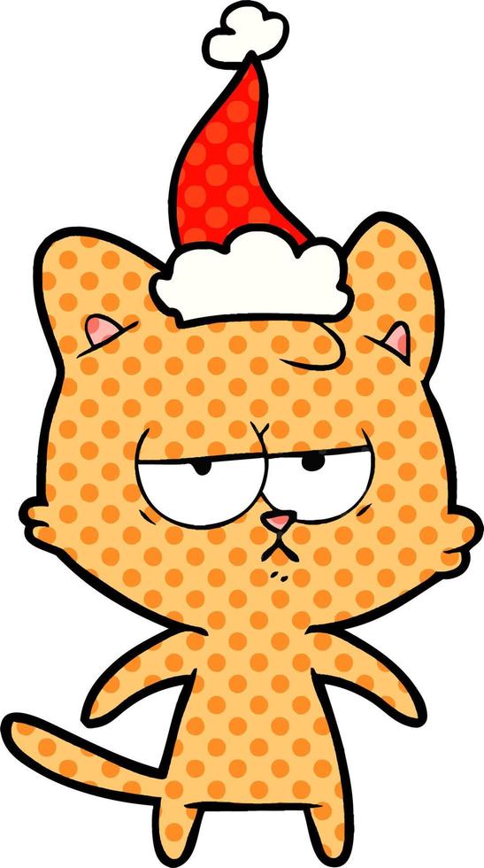 bored comic book style illustration of a cat wearing santa hat vector