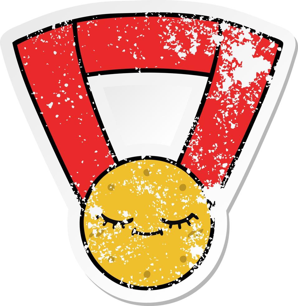 distressed sticker of a cute cartoon gold medal vector