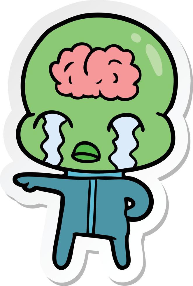 sticker of a cartoon big brain alien crying vector