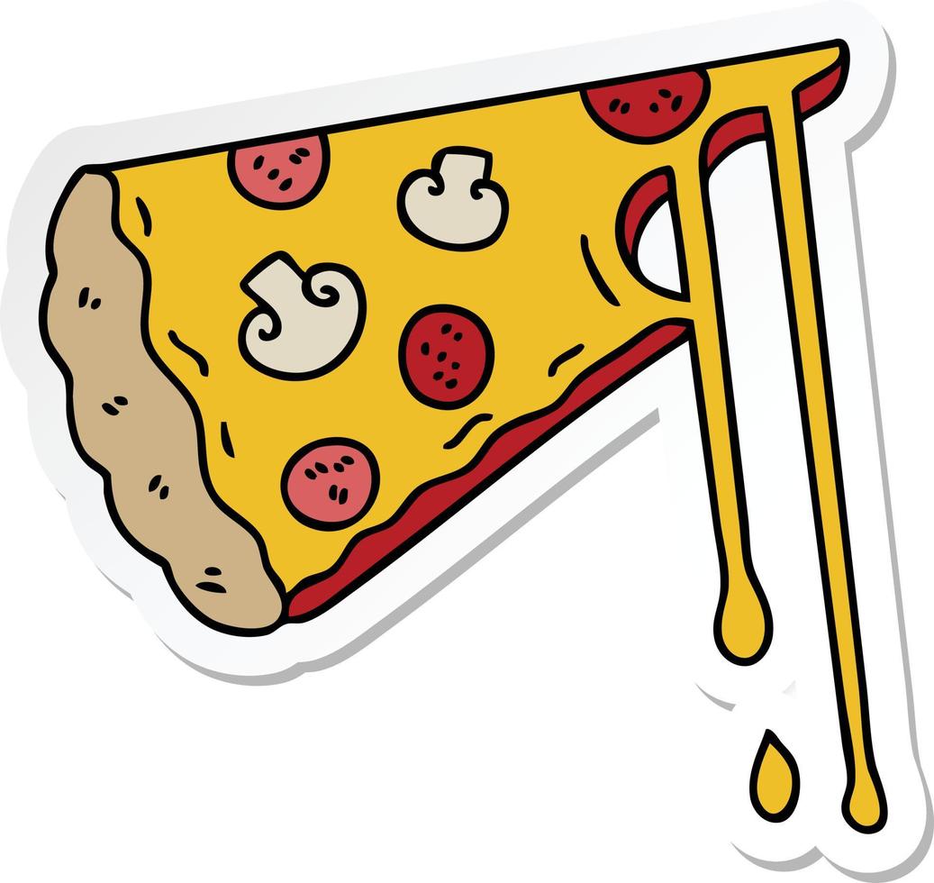 sticker of a quirky hand drawn cartoon cheesy pizza vector