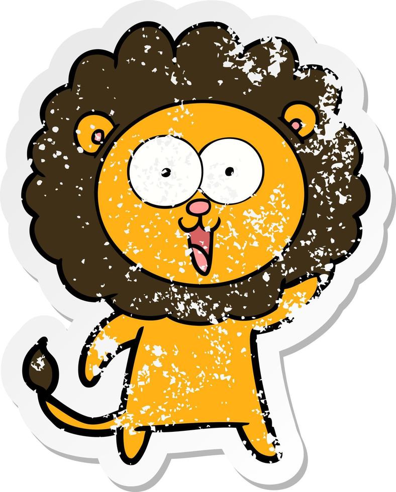 distressed sticker of a happy cartoon lion vector
