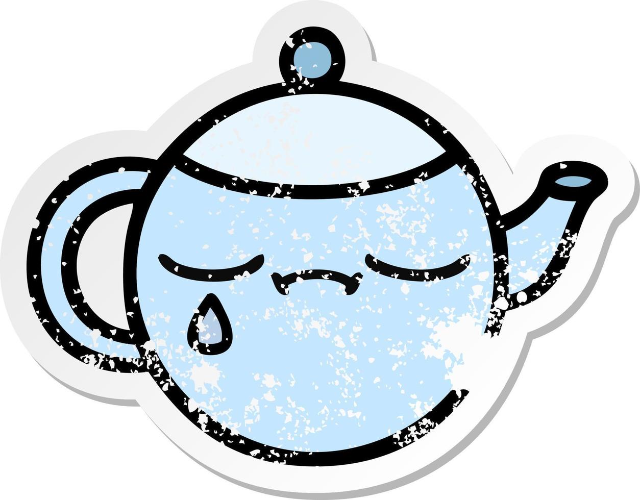 distressed sticker of a cute cartoon sad tea pot vector