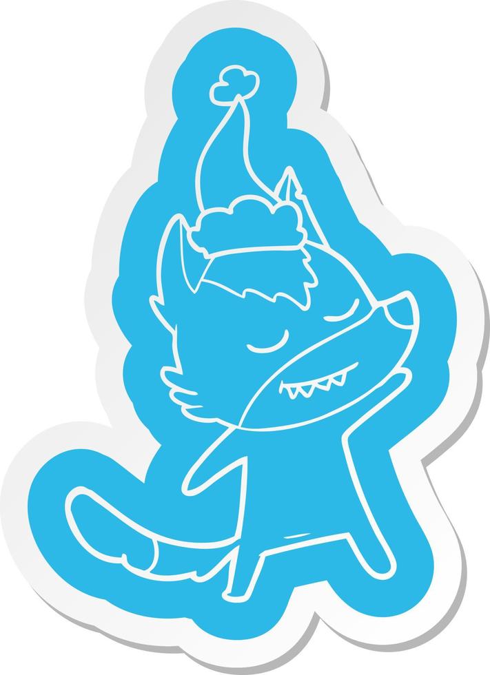 friendly cartoon  sticker of a wolf wearing santa hat vector