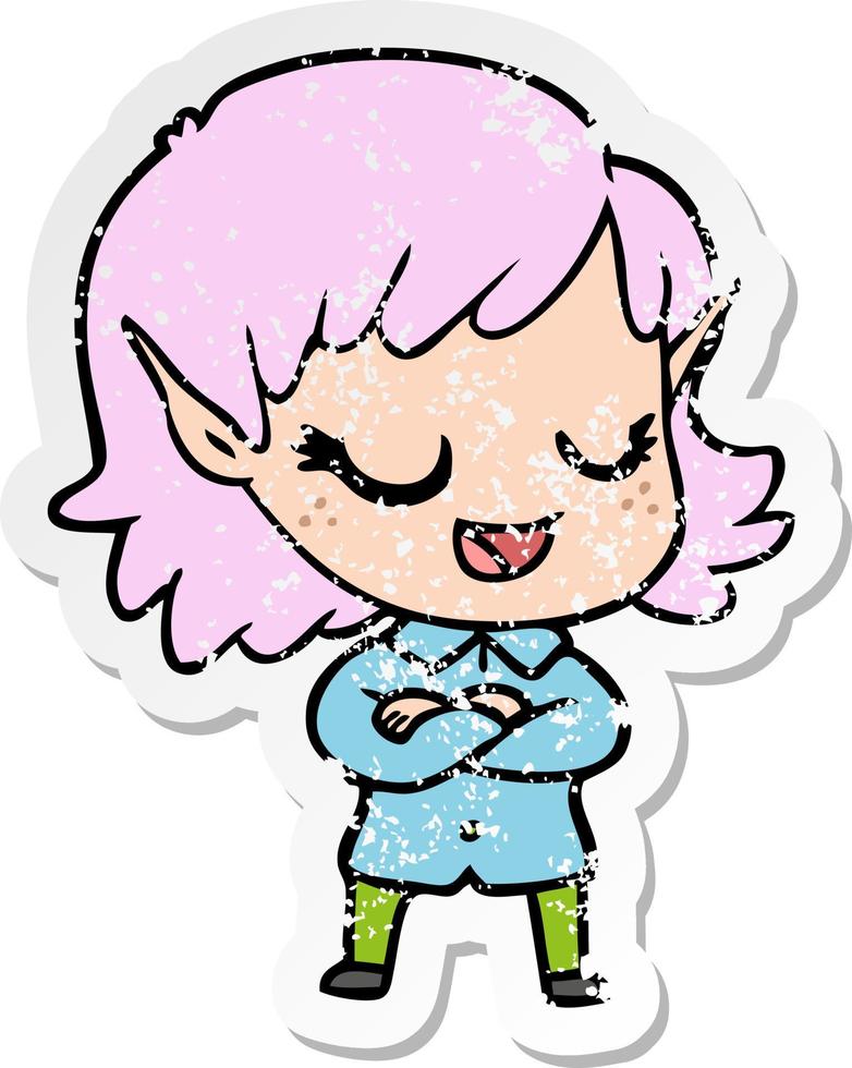 pegatina angustiada de una niña elfa de dibujos animados feliz vector