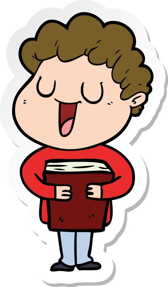 sticker of a laughing cartoon man with book vector