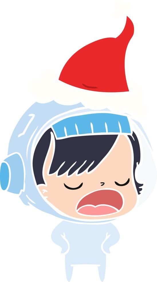 flat color illustration of a astronaut woman explaining wearing santa hat vector