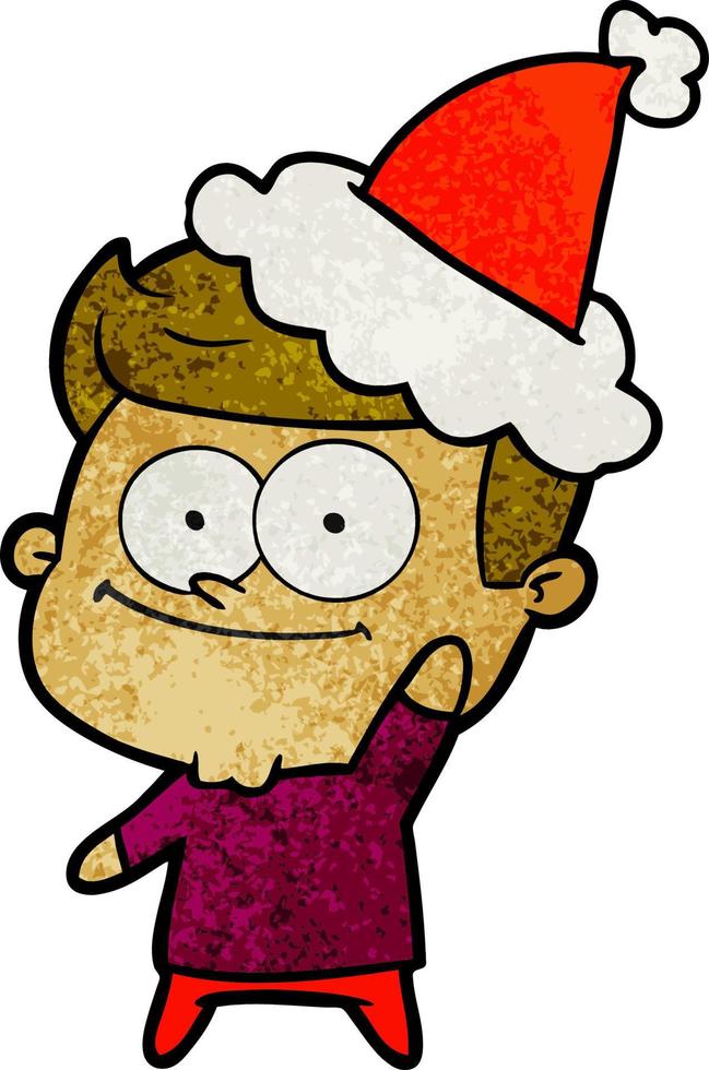 textured cartoon of a happy man wearing santa hat vector