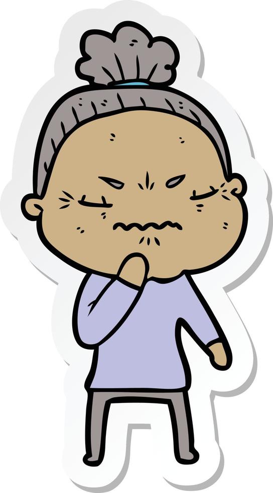 sticker of a cartoon annoyed old lady vector