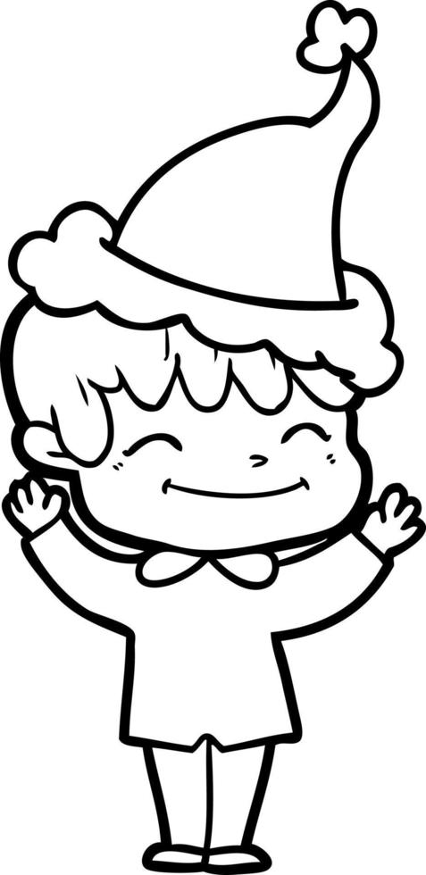 line drawing of a happy boy wearing santa hat vector