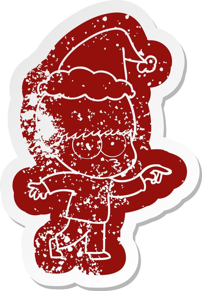 nervous cartoon distressed sticker of a boy wearing santa hat vector